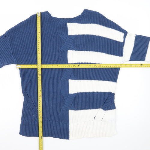 White Stuff Women Blue Striped Cotton Jumper UK 10 Crew Neck