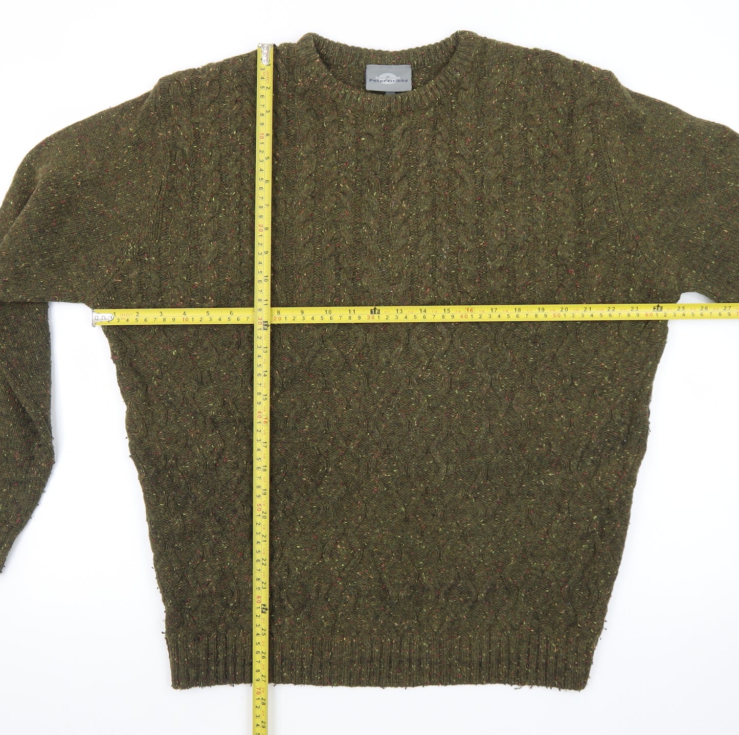 Peter Gribby Men’s Green Lambswool Cable Knit Crew Neck Jumper XL