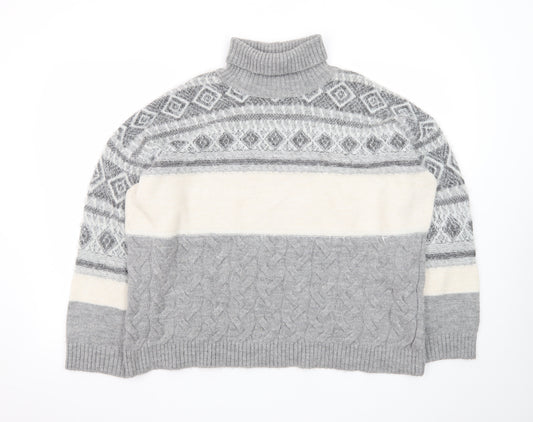 Marks and Spencer Womens Grey XL Roll Neck Fair Isle Jumper