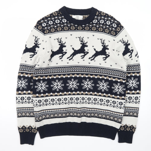 Marks and Spencer Men's Blue Fair Isle Christmas Cotton Jumper M