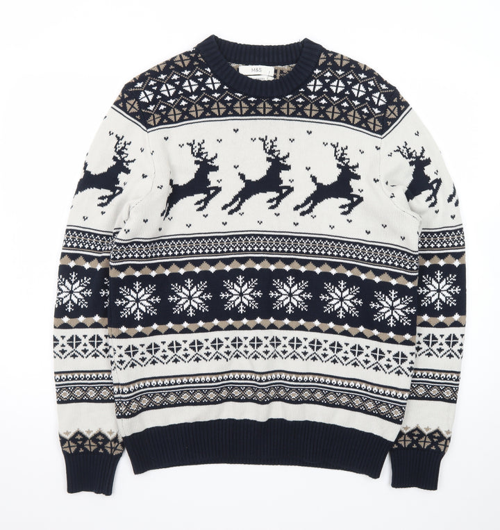 Marks and Spencer Men's Blue Fair Isle Christmas Cotton Jumper M