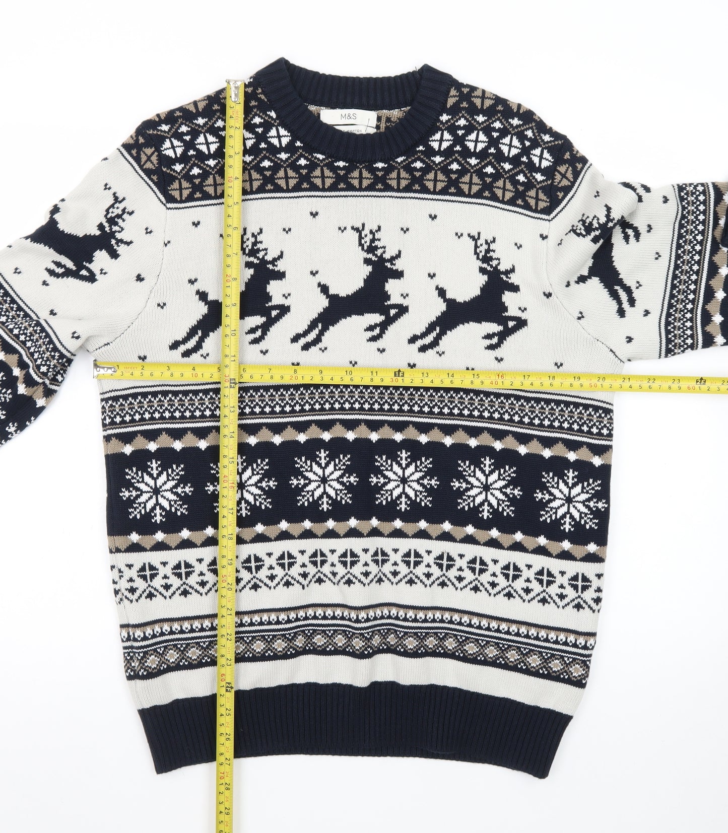 Marks and Spencer Men's Blue Fair Isle Christmas Cotton Jumper M