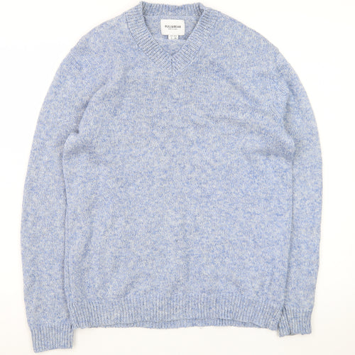 Pull & Bear Men’s Blue V-Neck Wool Blend Knit Jumper Size S