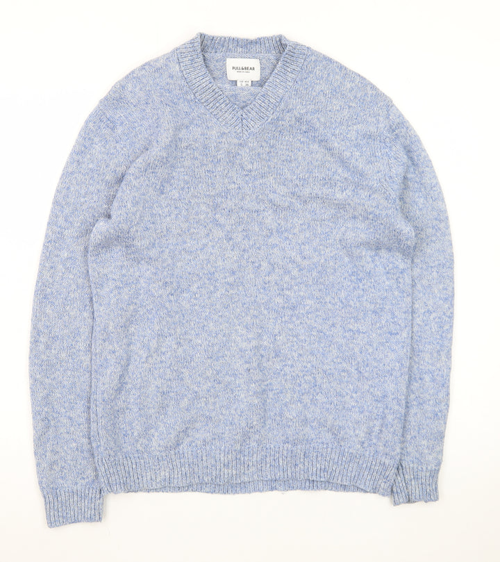 Pull & Bear Men’s Blue V-Neck Wool Blend Knit Jumper Size S