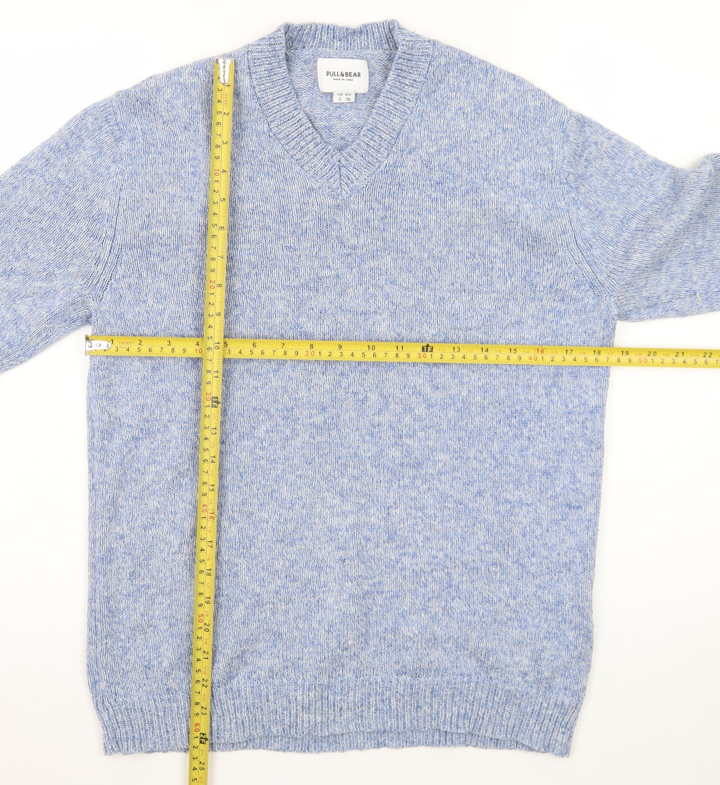 Pull & Bear Men’s Blue V-Neck Wool Blend Knit Jumper Size S
