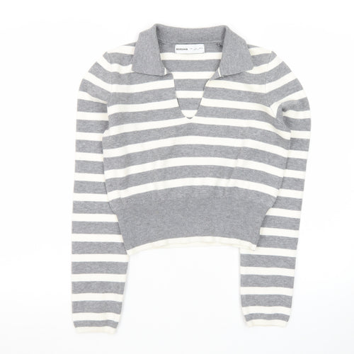 Bershka Women Grey Striped Collared Long Sleeve Pullover Jumper L