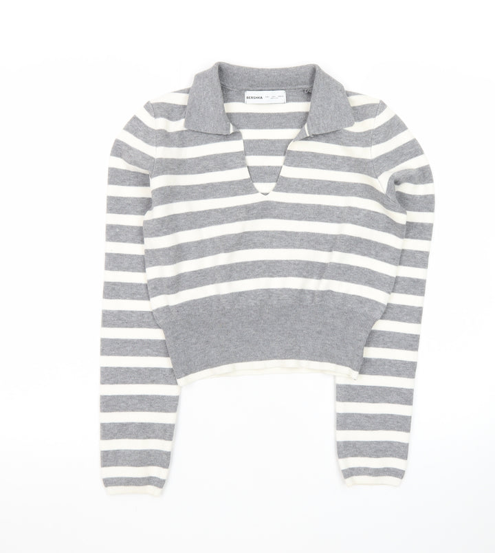 Bershka Women Grey Striped Collared Long Sleeve Pullover Jumper L