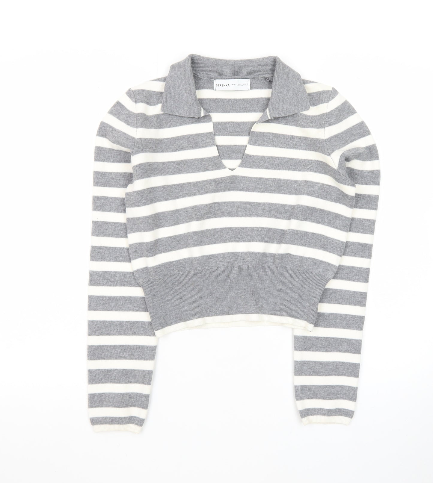 Bershka Women Grey Striped Collared Long Sleeve Pullover Jumper L