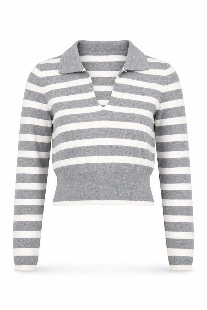 Front view of Bershka Women Grey Striped Collared Long Sleeve jumper L