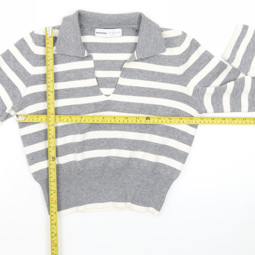 Bershka Women Grey Striped Collared Long Sleeve Pullover Jumper L