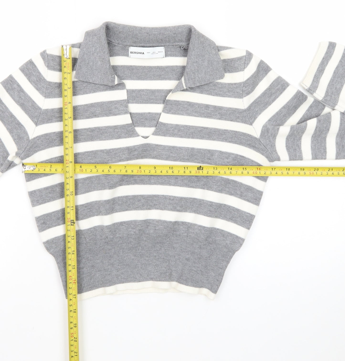 Bershka Women Grey Striped Collared Long Sleeve Pullover Jumper L