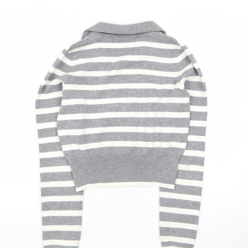 Bershka Women Grey Striped Collared Long Sleeve Pullover Jumper L