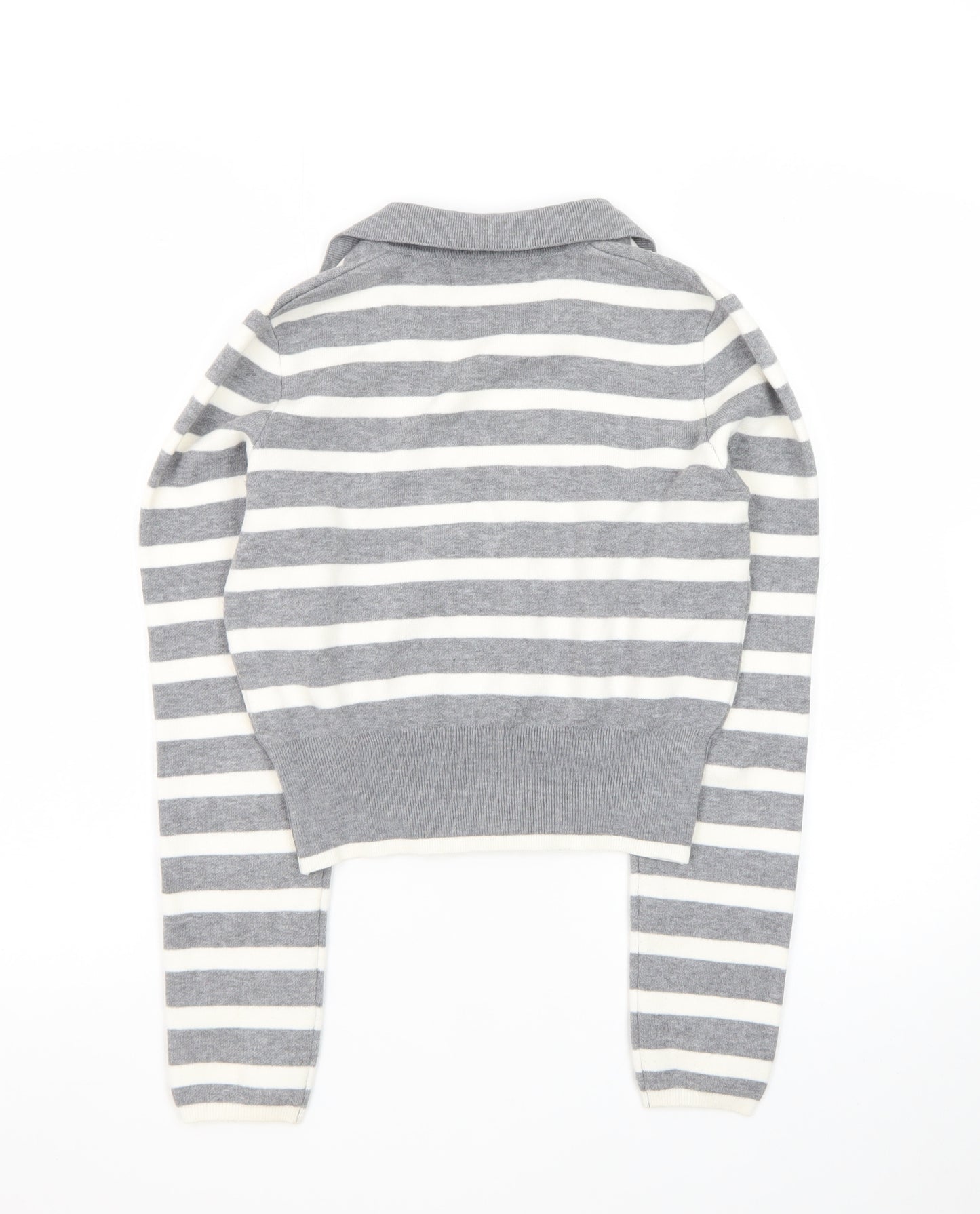 Bershka Women Grey Striped Collared Long Sleeve Pullover Jumper L