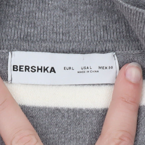 Bershka Women Grey Striped Collared Long Sleeve Pullover Jumper L