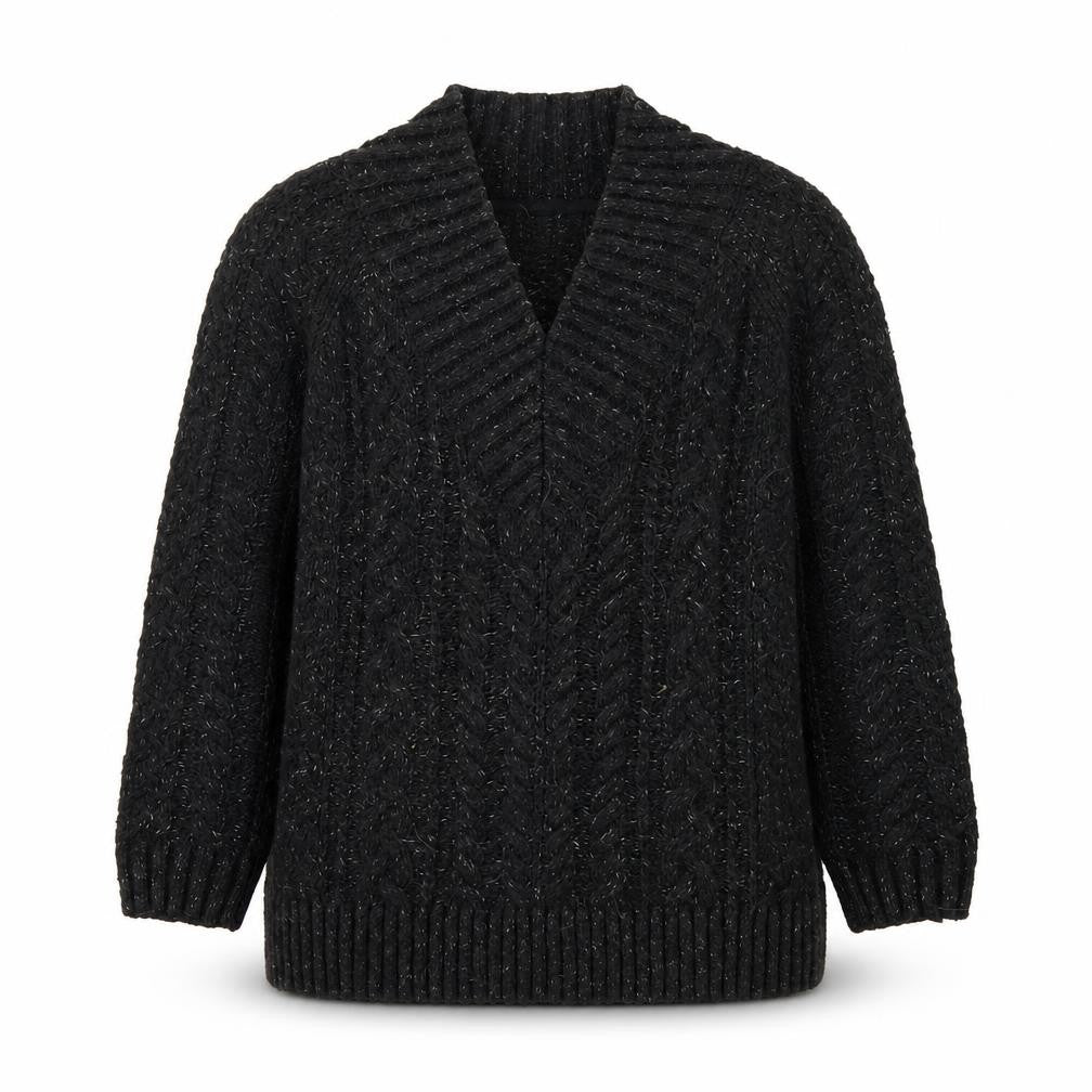 Front view of FatFace unisex black cable knit cardigan m