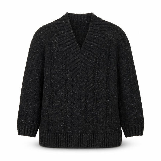 Front view of FatFace unisex black cable knit cardigan m