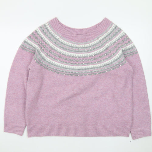 Roman Womens Pink Fair Isle Beaded Crew Neck Jumper Size 20