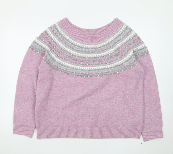 Roman Womens Pink Fair Isle Beaded Crew Neck Jumper Size 20