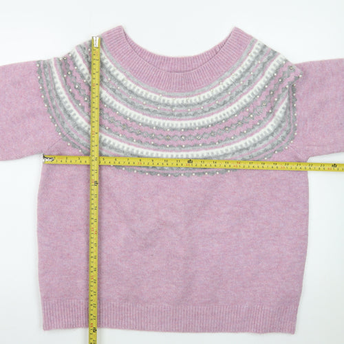 Roman Womens Pink Fair Isle Beaded Crew Neck Jumper Size 20