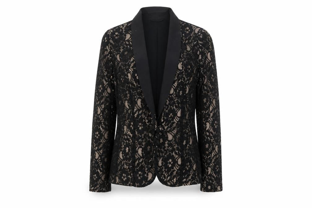 Oasis Women’s Black Lace Tuxedo Blazer Size 10 Slim Fit