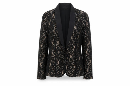 Front view of Oasis Women’s Black Lace Tuxedo Blazer, size UK 10 Slim, Fit