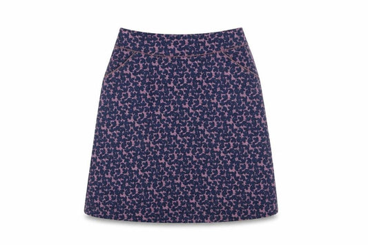 Front view of Seasalt Cornwall women’s purple floral a-line cotton skirt, size UK 12