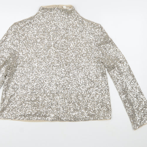 H&M Women Silver Sequin High Neck Long Sleeve Blouse Size 16