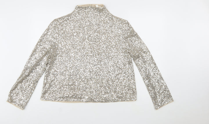 H&M Women Silver Sequin High Neck Long Sleeve Blouse Size 16