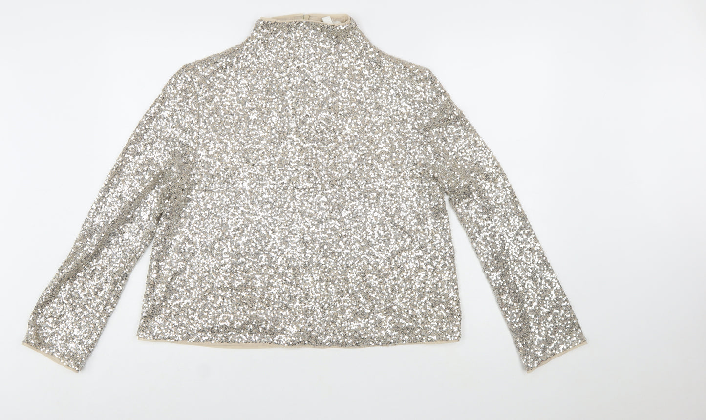 H&M Women Silver Sequin High Neck Long Sleeve Blouse Size 16