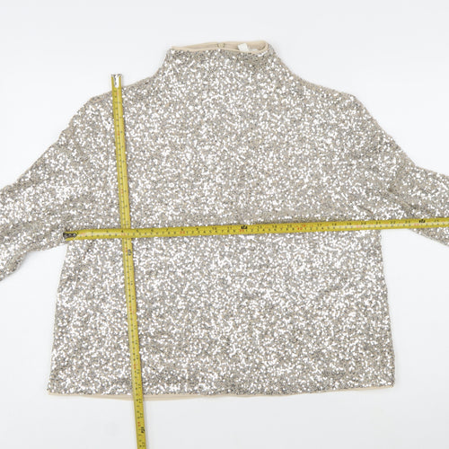H&M Women Silver Sequin High Neck Long Sleeve Blouse Size 16