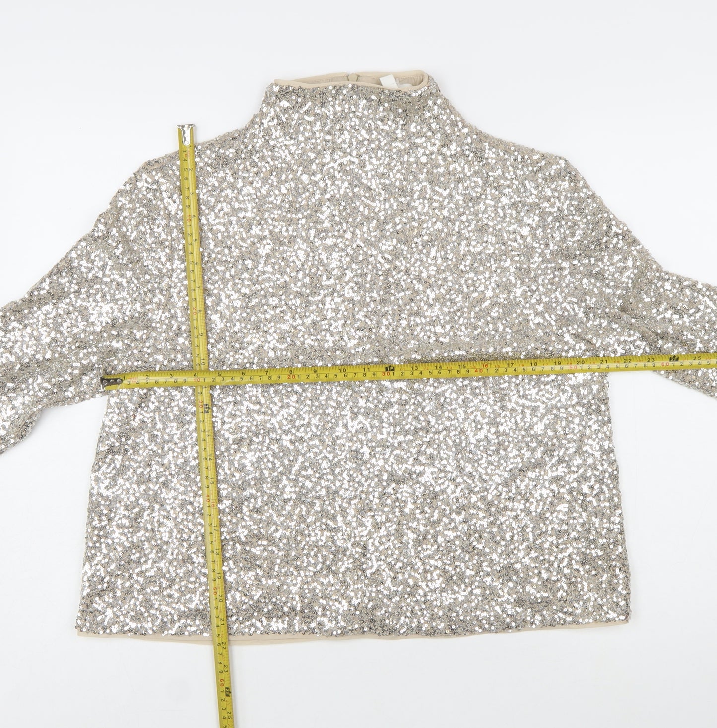 H&M Women Silver Sequin High Neck Long Sleeve Blouse Size 16