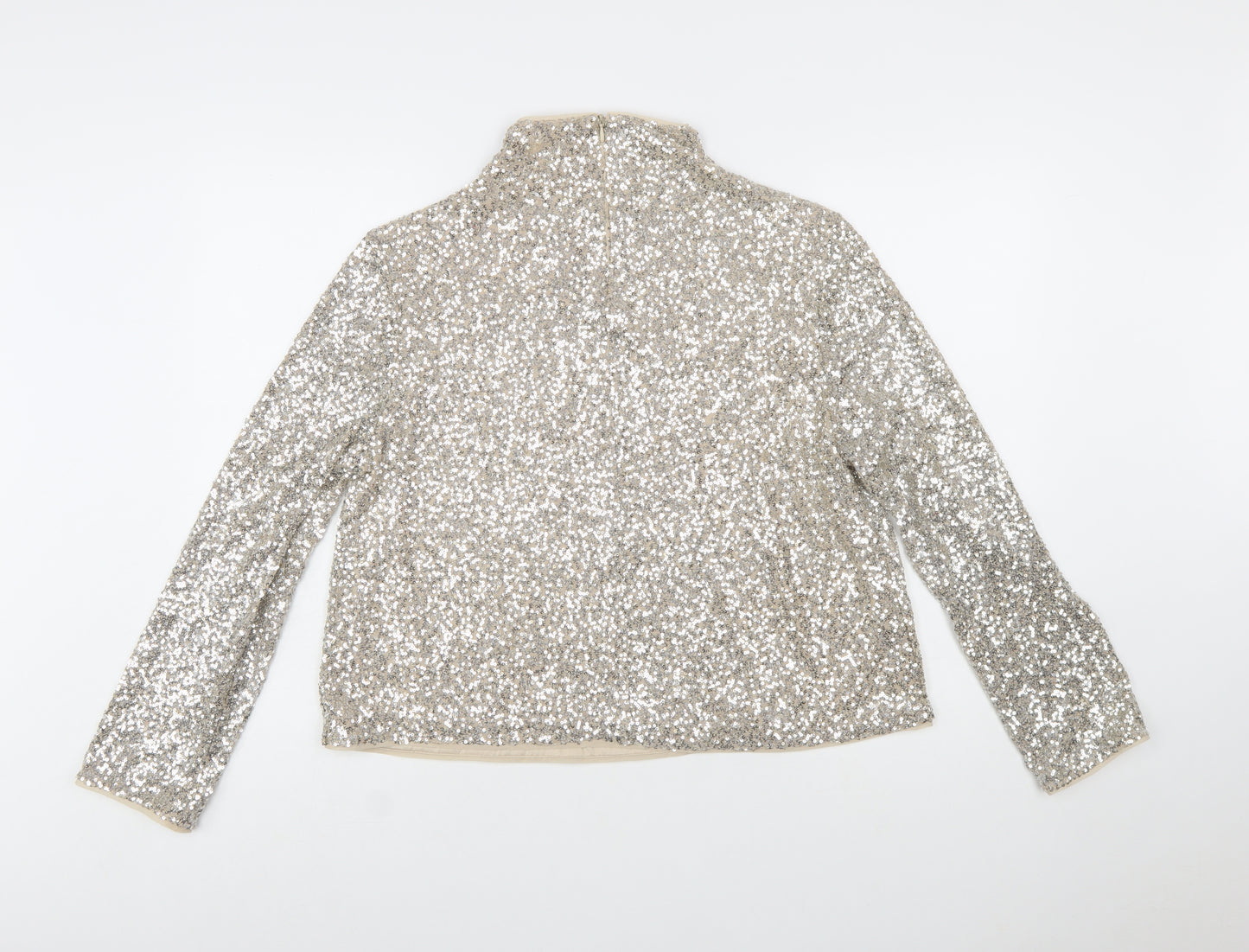 H&M Women Silver Sequin High Neck Long Sleeve Blouse Size 16