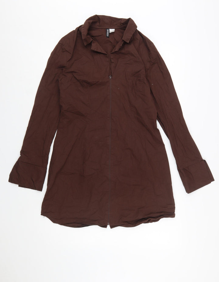 H&M Divided Brown Cotton Shirt Dress Women’s Size 12 Long Sleeve Zip