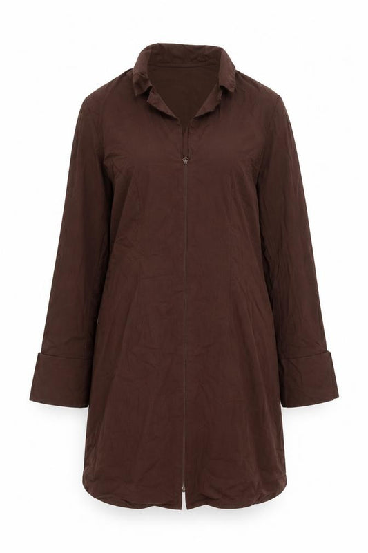 Front view of H&M Divided Brown Cotton Shirt Dress Women’s, size UK 12, Long Sleeve Zip