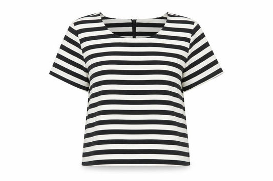 Front view of Next Women's Black White Striped Short Sleeve Cotton Top, size 8