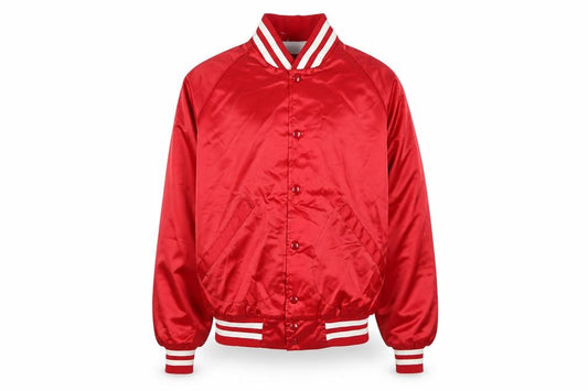 Front view of Dunbrooke Pla-Jac Men's Red Varsity Satin Jacket, size M, 40in Retro Sports Style