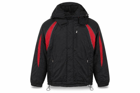 Front view of Spada Men's Black Red Motorcycle Jacket Hooded Lined, size M