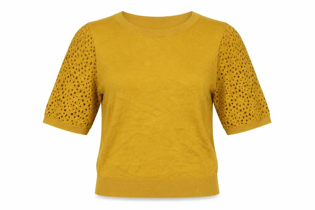 Front view of Next Women's Yellow Short Sleeve Puff Knit Jumper, size 12