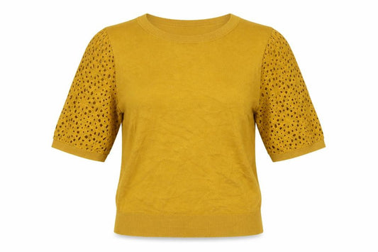 Front view of Next Women's Yellow Short Sleeve Puff Knit Jumper, size 12