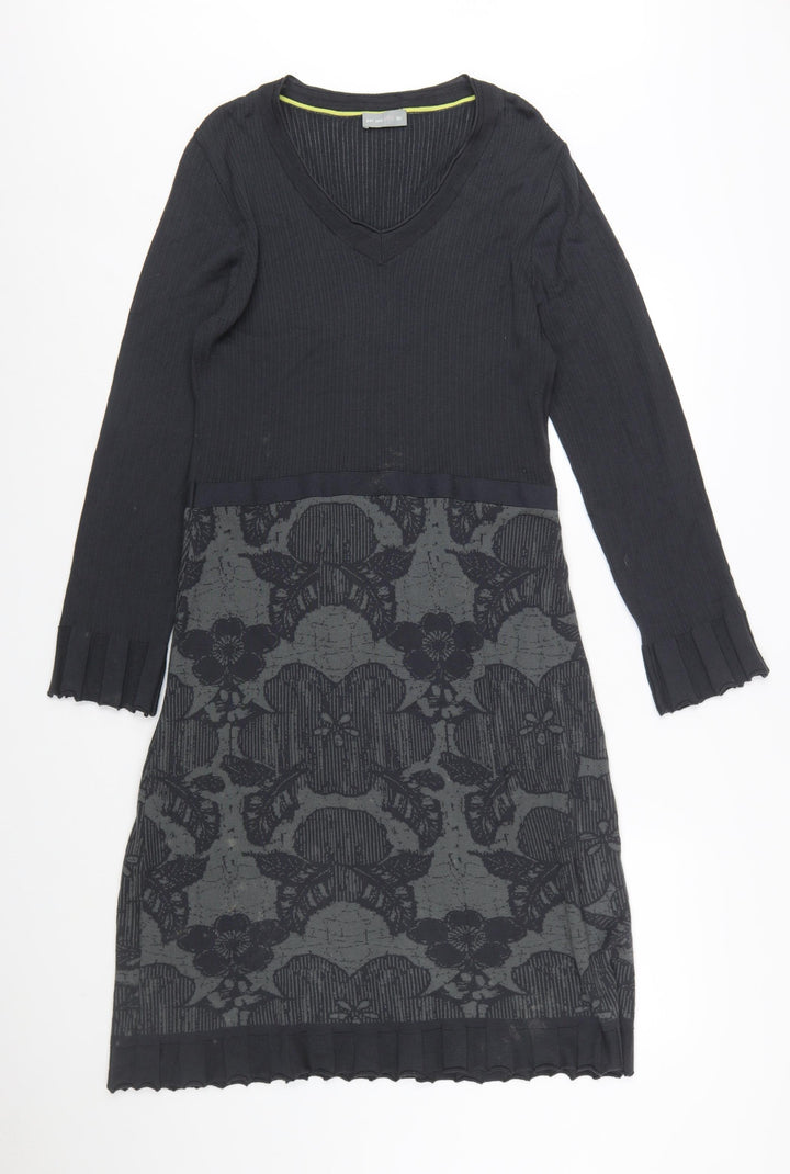 Marks and Spencer Per Una Women’s Black Knit Floral V-Neck Long Sleeve Dress Size 16