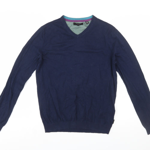 Ted Baker Men's Blue V-Neck Cotton Silk Blend Jumper M