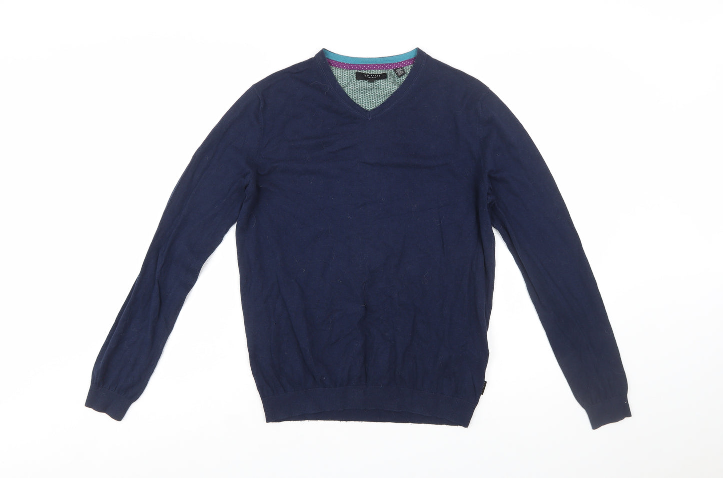 Ted Baker Men's Blue V-Neck Cotton Silk Blend Jumper M