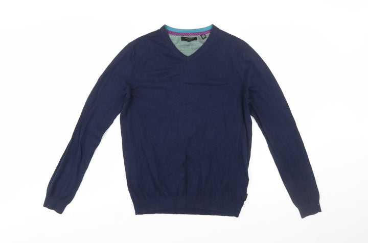 Ted Baker Men's Blue V-Neck Cotton Silk Blend Jumper M