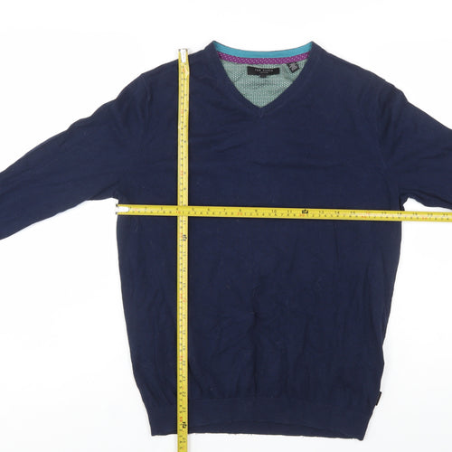 Ted Baker Men's Blue V-Neck Cotton Silk Blend Jumper M