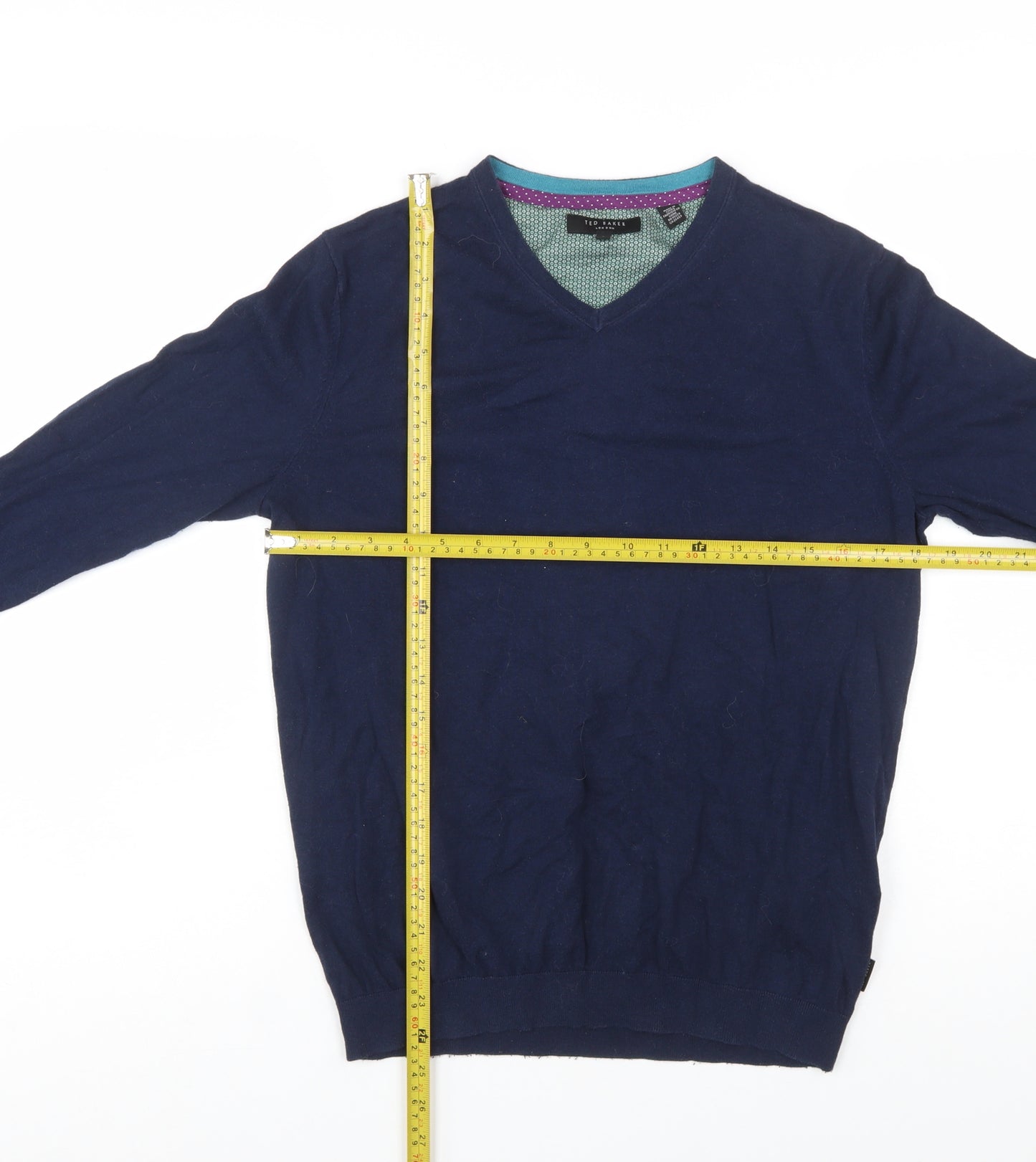 Ted Baker Men's Blue V-Neck Cotton Silk Blend Jumper M