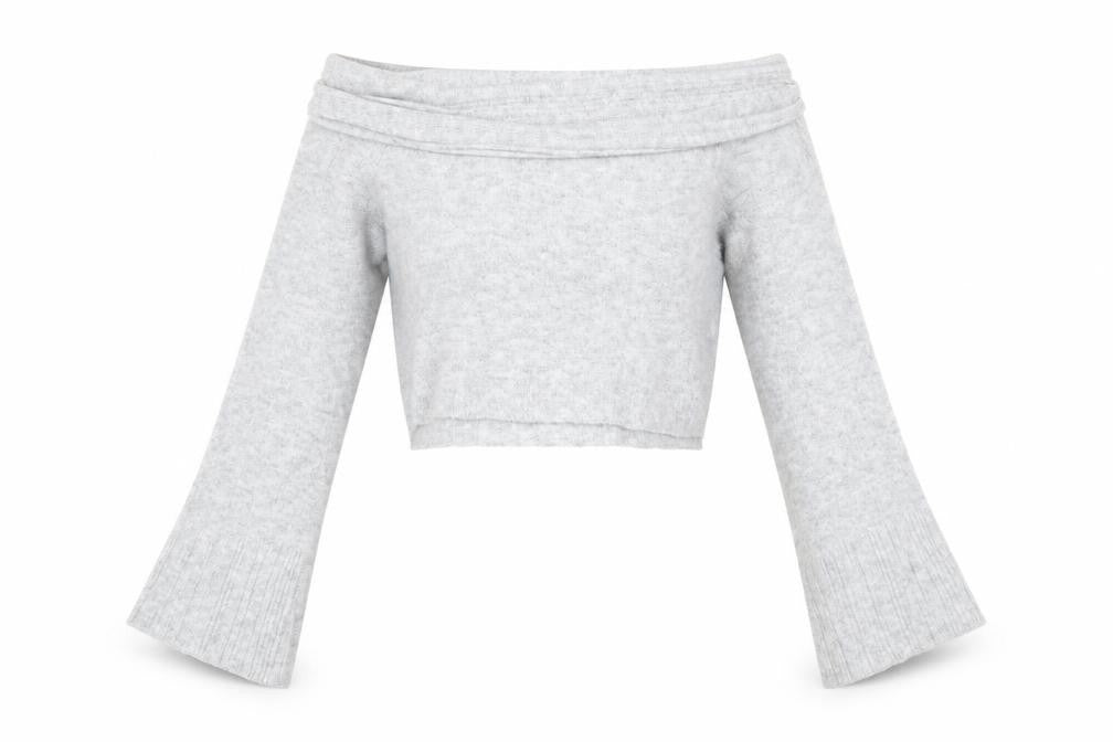 Front view of PRETTYLITTLETHING Women Grey L Off Shoulder Knit Jumper