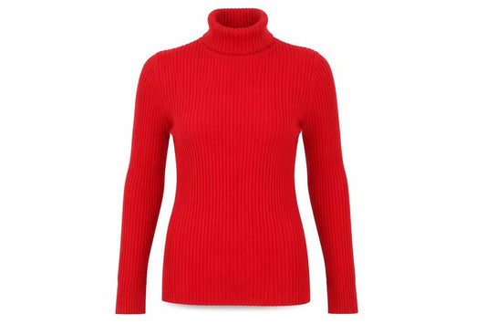Front view of Roman Women Red Roll Neck Ribbed Long Sleeve Jumper, size 14