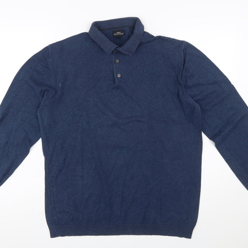 Next Men Blue Collared Henley Cotton Jumper L Long Sleeve Knit