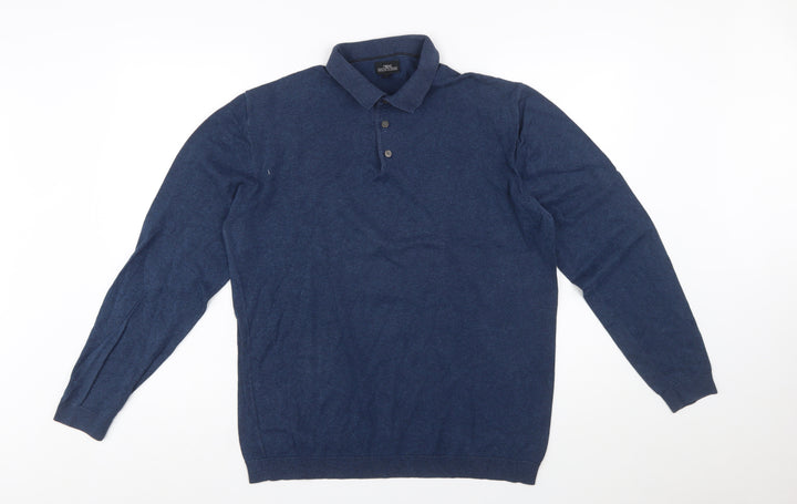 Next Men Blue Collared Henley Cotton Jumper L Long Sleeve Knit