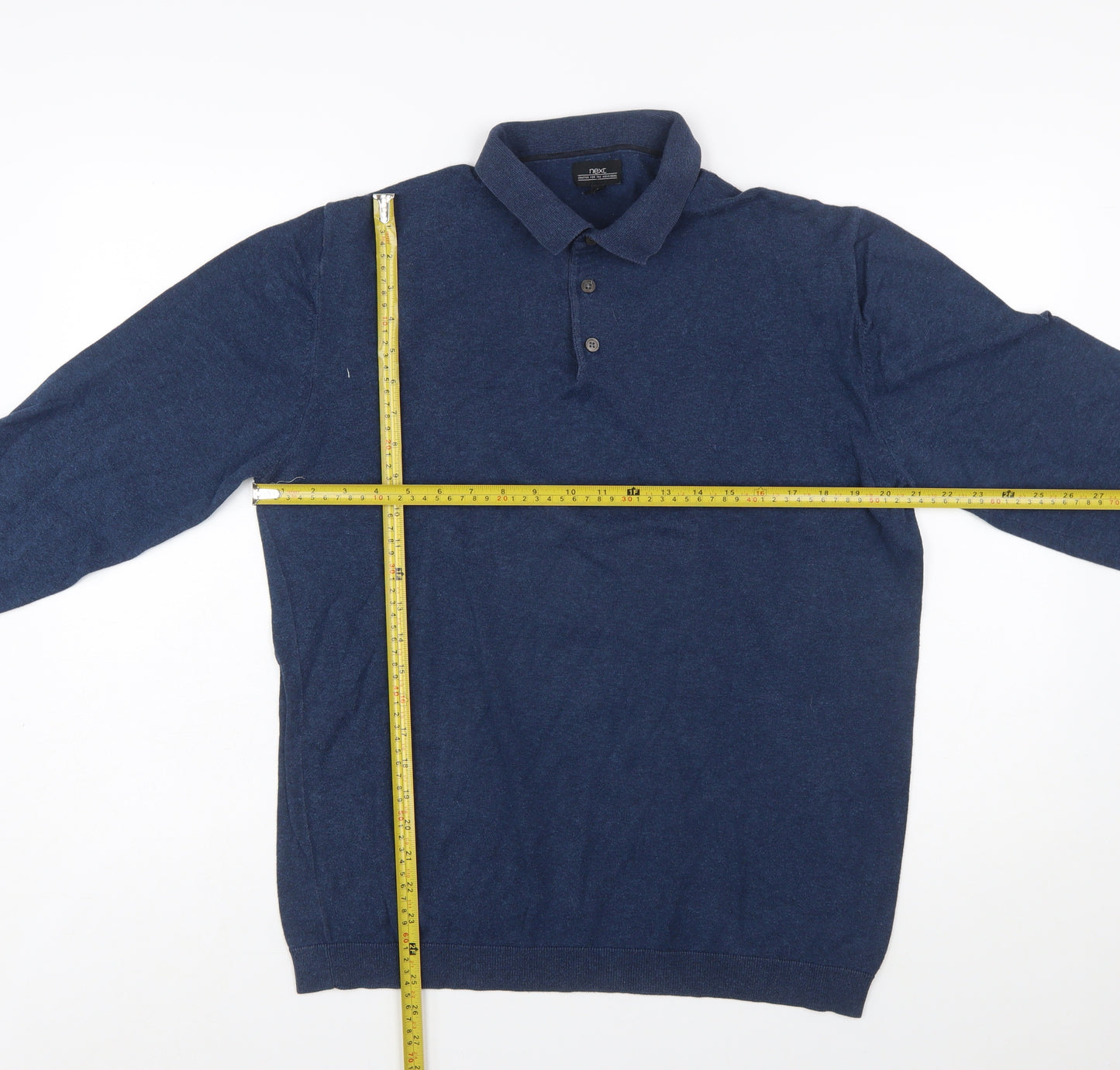 Next Men Blue Collared Henley Cotton Jumper L Long Sleeve Knit